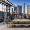 Urban Industrial Rooftop: A rooftop terrace with metal furniture, graffiti art, and city skyline views2, Generative AI