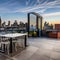 Urban Industrial Rooftop: A rooftop terrace with metal furniture, graffiti art, and city skyline views3, Generative AI