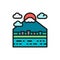 Urban japanese landscape, mount Fuji flat color line icon.