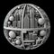 Urban jungle, 3d knolling sphere with retro-futuristic town, black and white, urban architecture, AI generative concept