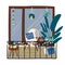 Urban jungle exterior balcony design flat style concept illustration. House plants, acapulco chair, greenery. Hand drawn