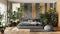 Urban jungle, modern bedroom in gray and wooden tones. Master bed, parquet floor and decors, houseplants. Home garden interior