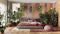 Urban jungle, modern bedroom in red and wooden tones. Master bed, parquet floor and decors, houseplants. Home garden interior