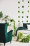 Urban jungle in trendy bedroom interior with white bedding and green pillows and blanket