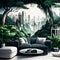 Urban jungle in trendy living room interior with white couch