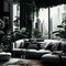 Urban jungle in trendy living room interior with white couch