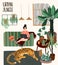 Urban Jungle. Vector illustration with trendy home decor.