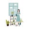 Urban jungle - woman in blue dress watering green house plants by the window