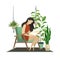 Urban jungle. Woman reading and knitting lady under garden home tropic green palm and hanging decor pot plant vector
