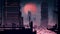 The urban landscape with a boy looking into the sky at spaceships flying past the big red moon. A grey city of the future in smoke