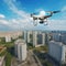 Urban landscape and drone weapon flying under city. Military technology, buildings, civilian town, blue summer sky