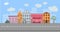 Urban landscape with houses, roads, lanterns, trees and bakery. Frontal view. Convenient for animation