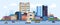 Urban landscape. Modern cartoon cityscape with buildings cars and street, flat urban downtown background. Vector city