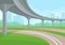 Urban landscape with overpass, road and green grass, high-rise buildings and bushes on background. Flat vector design