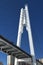 Urban landscape. Pedestrian bridge from two pylons, each measuring 41 m tall. Pylons are connected to spans with help of 28 straig