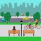 Urban landscape and people. City street with cars, cyclists, pedestrians, trees, tall buildings, benches, streetlights. Vector ill