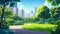 An urban landscape with road in a garden in downtown. A cartoon modern summer time city panorama with trees and grass.