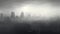 An urban landscape shrouded in fog with the visible outlines of buildings and the faint light of the sun