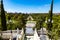 Urban landscape of the spanish city of Zaragoza on a warm spring day with fountains in the landmark park