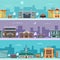 Urban landscape in winter season. Snowy weather. Vector pictures in cartoon style