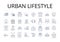 Urban lifestyle line icons collection. Rural living, Cosmopolitan vibe, Metropolitan culture, Fast-paced routine, Modern