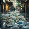 Urban littering shopping district strewn with discarded packaging and waste
