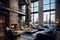Urban loft style living room with dark blue dusk, high ceilings, and industrial elements
