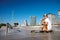 Urban longboarding in concrete skatepark