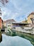 Urban medieval landscape of Alsace, water canal Colmar, France.