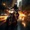 Urban motorcyclist, helmet in hand, speeds through cityscape on sleek chopper