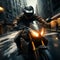 Urban motorcyclist, helmet in hand, speeds through cityscape on sleek chopper