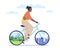 Urban and natural cycling. Happy woman ride bicycle, ecological green city vehicle, environment protection, cartoon