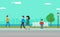 Urban park and walking next to road people couple and men vector illustration. City houses, water, clear sky background