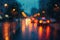 Urban rainfall View from passenger window with evening bokeh lights