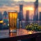 Urban rooftop scene beer glass set against city skyline