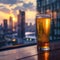 Urban rooftop scene beer glass set against city skyline