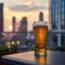 Urban rooftop scene beer glass set against city skyline