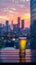 Urban rooftop scene beer glass set against city skyline