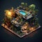 Urban Rooftops Build rooftop gardens lounges in bustling cities capturing urban oasis AI isometric