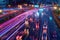 Urban Rush Hour Vibrant Light Trails on Busy Roads, AI Generative