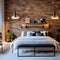 Urban Rustic: A loft bedroom with exposed brick walls, a reclaimed wood headboard, and industrial pendant lights, striking the p