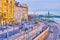 Urban scene of Jane Haining quay in twilight in Budapest, Hungary