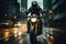 An urban scene showing a motorcycle rider navigating through city streets, embodying the excitement and energy of urban