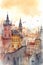 Urban scenery of Old Town of European. Cute cartoon illustration in watercolor style. Generative AI