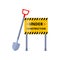 Urban security under construction road sign with steel shovel on white