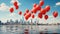 Urban Serenade: Red Balloons Against a Blue Sky and Blurry Cityscape