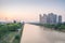 The urban skyline and bridges of Suzhou, China and the scenery of the Beijing Hangzhou Grand Canal