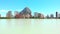 Urban skyline of Calpe, Penon de Ifach or Penyal de Ifac rock, salt lake with flock of flamingos birds, blue sky, warm sunny day,