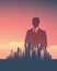 Urban skyline cityscape with businessman standing over. Double exposure vector illustration landscape background