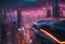 Urban skyline illuminated by a vibrant neon glow, AI-generated.